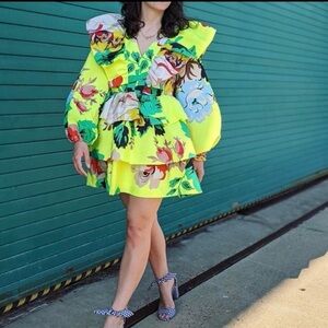 Christopher John Roger’s x Target Dress Chartreuse Green Yellow Floral Ruffle